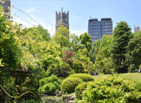 キャンパス内にある、緑豊かな庭園。自然を感じながら、はたらくことができます！