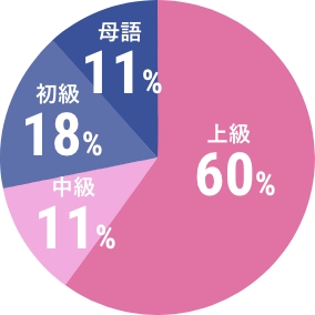 円グラフです。上級が60%、中級が11%、初級が18%、母語が11%です。