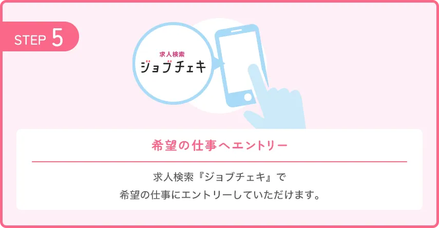 【STEP5：希望の仕事へエントリー】求人検索『ジョブチェキ』で希望の仕事にエントリーしていただけます。