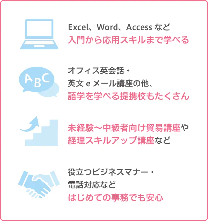 「Excel、Word、Accessなど入門から応用スキルまで学べる」「オフィス英会話・英文eメール講座の他、語学を学べる提携校もたくさん」「未経験～中級者向け貿易講座や経理スキルアップ講座など」「役立つビジネスマナー・電話対応などはじめての事務でも安心」